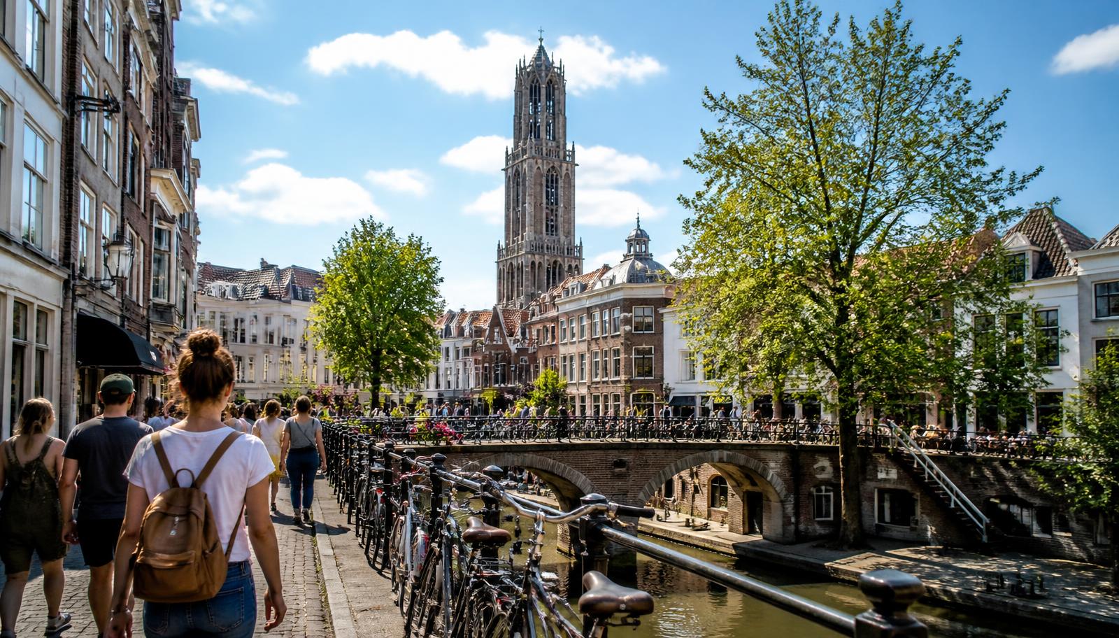 Stedelijke straat met deelnemers van een Stedenbingo